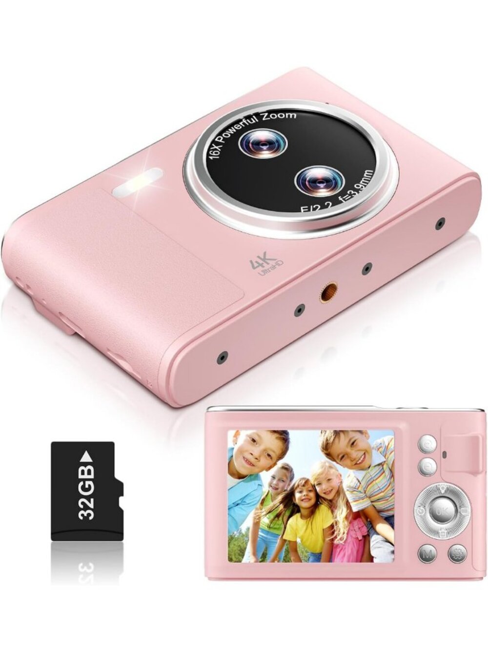 48MP FHD 1080P Point & Shoot Camera, 16x Zoom, Anti-Shake, Compact, Pink, 32GB